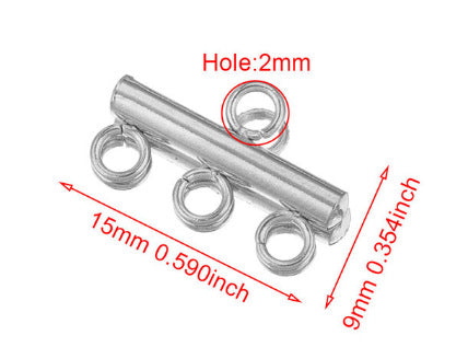 Silver metal connector bar with three circular rings, technical diagram with 15mm, 9mm, and 2mm hole dimensions