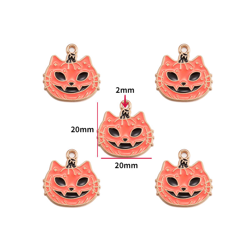 Five views of a small pumpkin cat pendant charm on a white background, with one center view annotated with dimensions showing 20mm by 20mm and 2mm for the top loop.