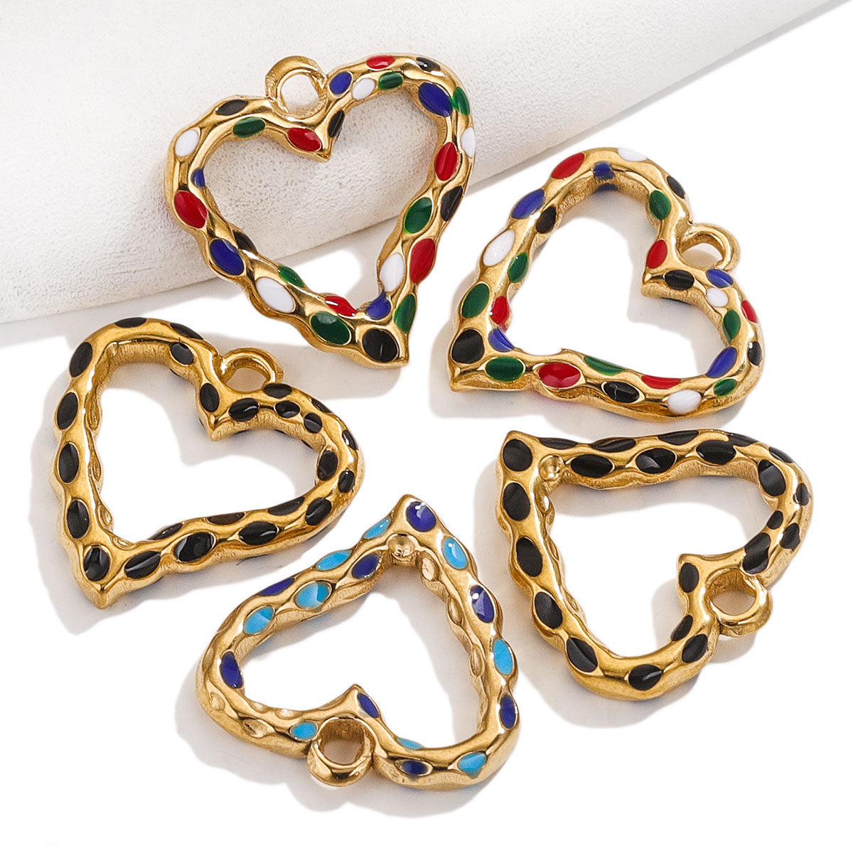Stainless Steel Spotted Enamel Heart Pendant Charms 5pcs
