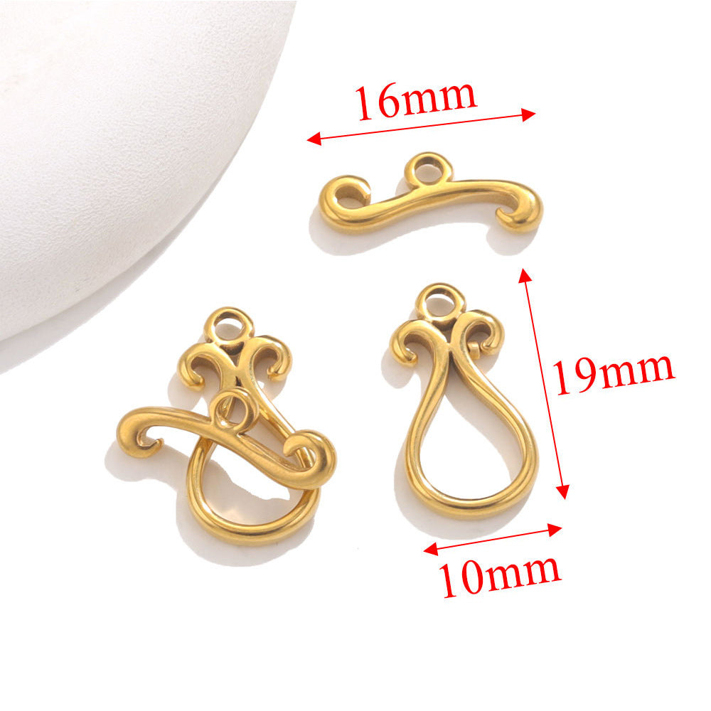 Three gold-tone toggle clasp findings with dimension arrows showing 16mm, 19mm, 10mm, on white background
