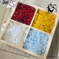 Wooden divided tray with red, yellow, white, and light blue beads on decorative paper