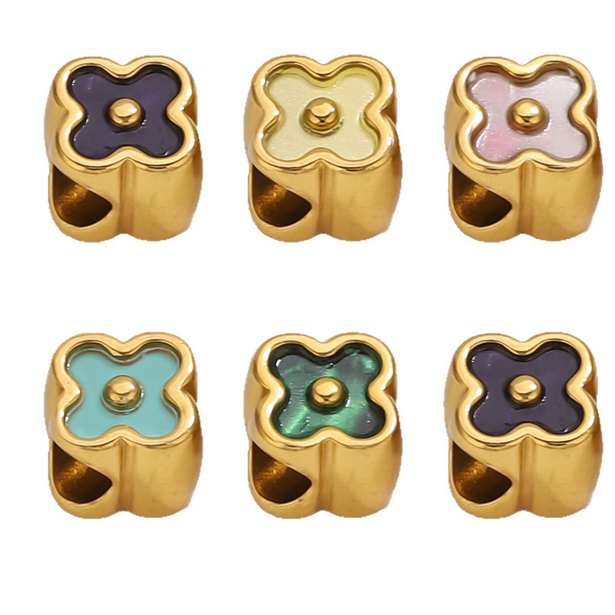 18K Gold-Plated Stainless Steel Four-Leaf Clover Large-Hole Spacer Beads 5pcs