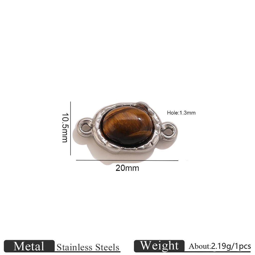 Silver-tone oval tiger's eye double-hole connector with dimension lines, 20mm wide 10.5mm high, on white background