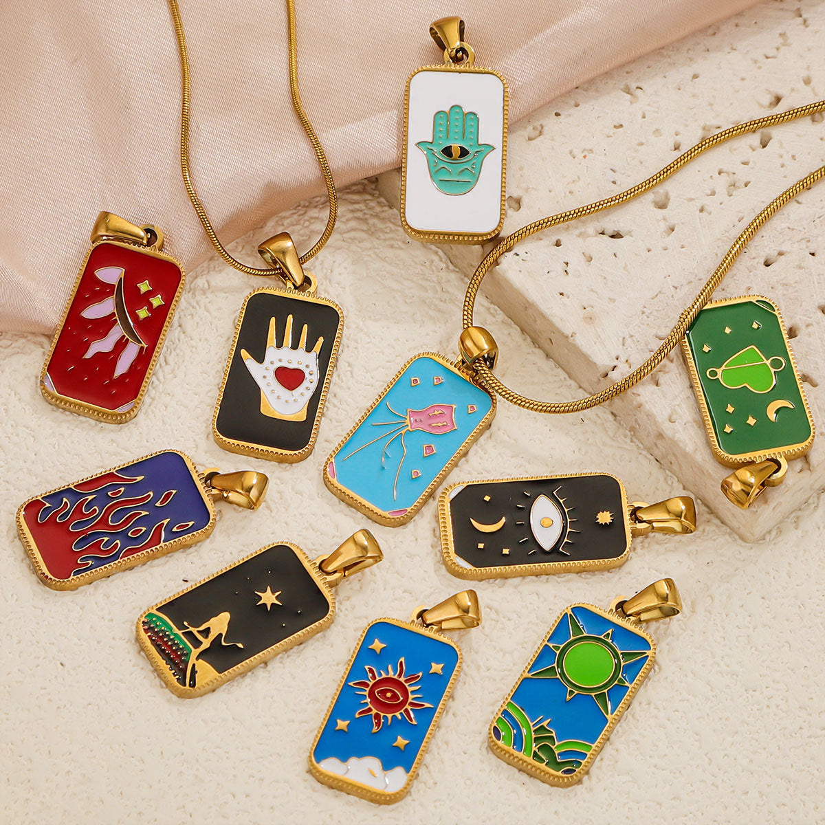 Stainless Steel Enamel Tarot Card Pendant Charms 5pcs
