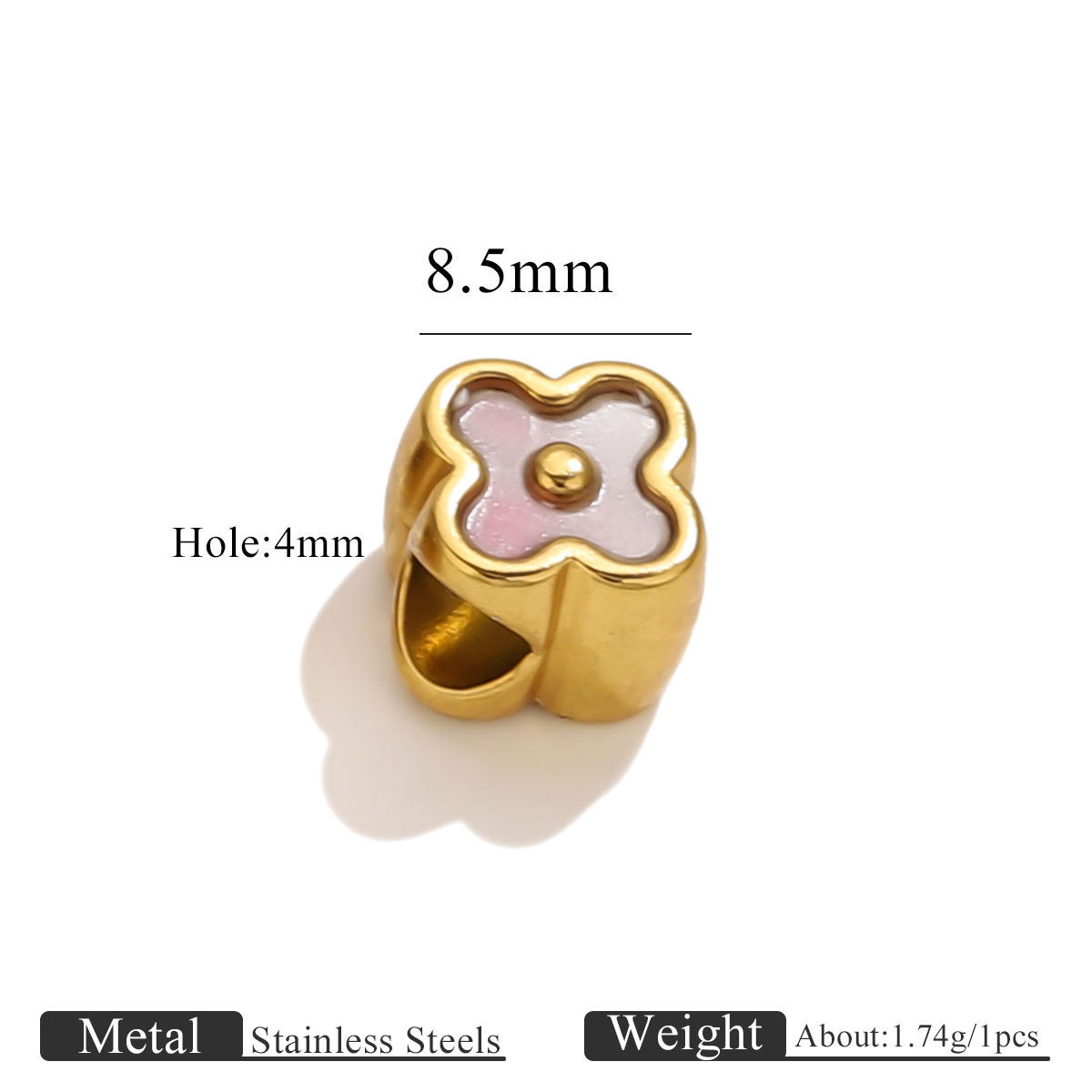 18K Gold-Plated Stainless Steel Four-Leaf Clover Large-Hole Spacer Beads 5pcs