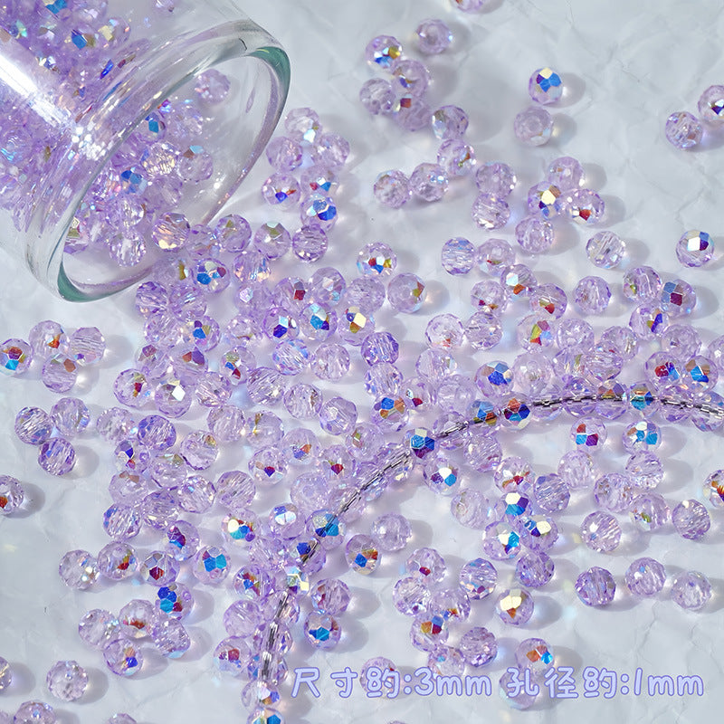 Lavender iridescent faceted beads scattered from a clear glass jar on a white marble surface, with Chinese text overlay at the bottom indicating dimensions.