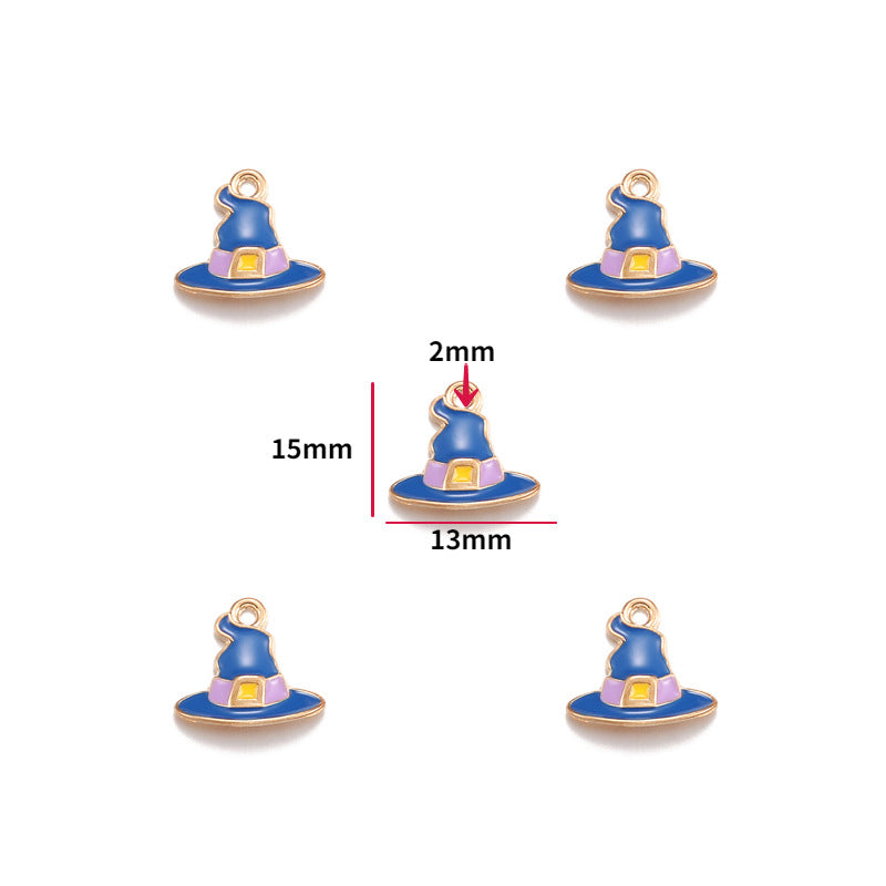 Four wizard hat charms around a central size diagram on white, center charm marked 15mm tall, 13mm wide.