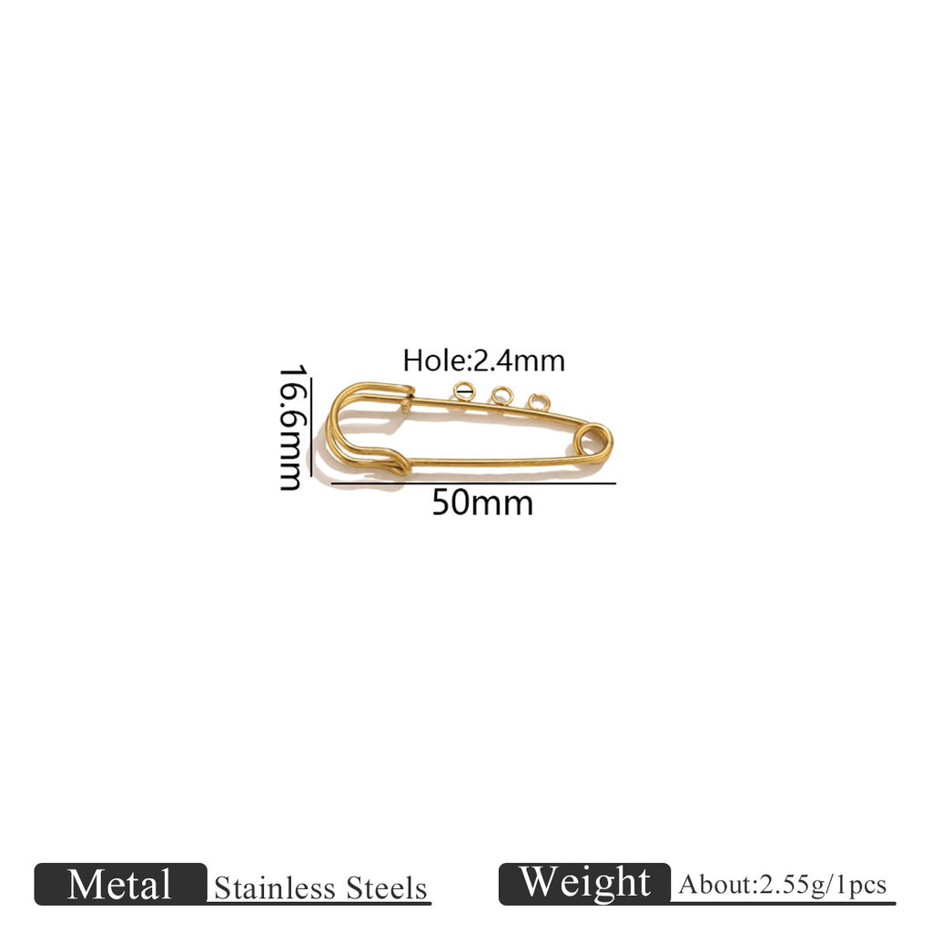 Gold-colored stainless steel safety pin with 50mm length and 16.6mm height markings on a white background