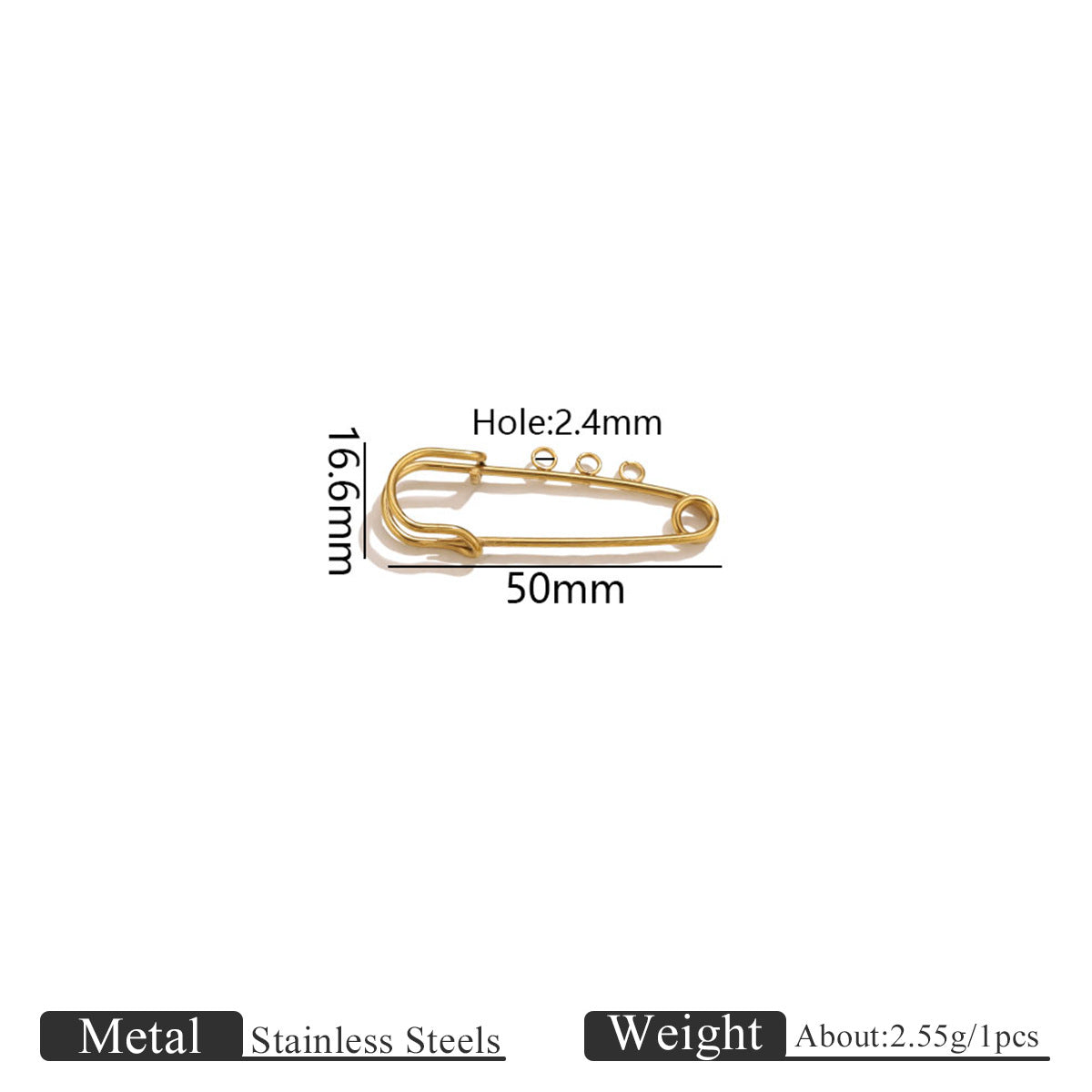 Gold-colored stainless steel safety pin with 50mm length and 16.6mm height markings on a white background