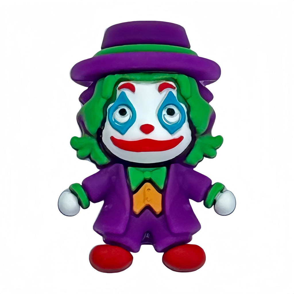 Cartoon clown silicone focal bead with purple hat and suit, green hair, and red smile