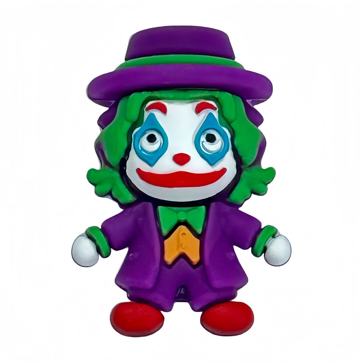Cartoon clown silicone focal bead with purple hat and suit, green hair, and red smile