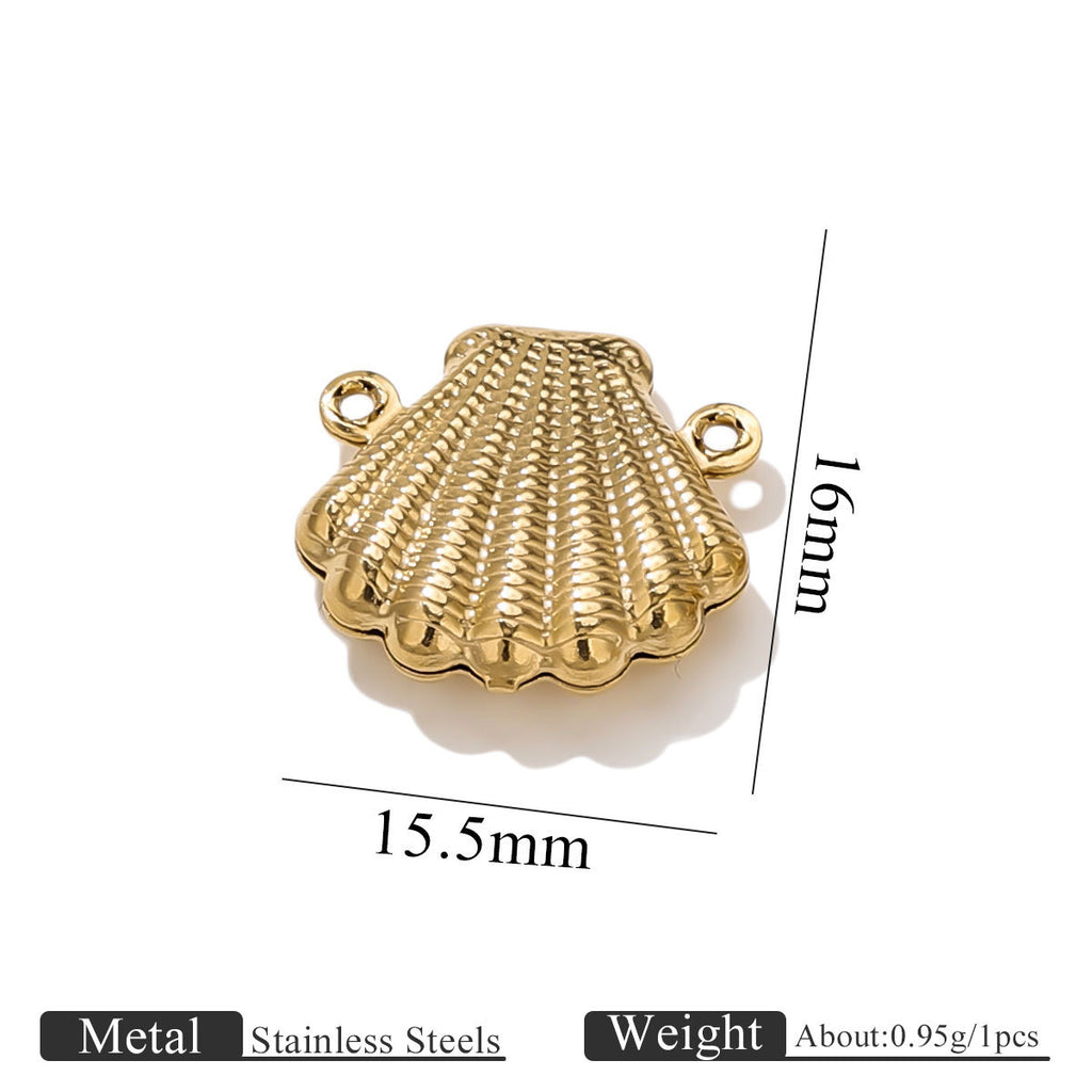 Gold-plated stainless steel double-hole hollow shell connector charm with size dimensions on white background