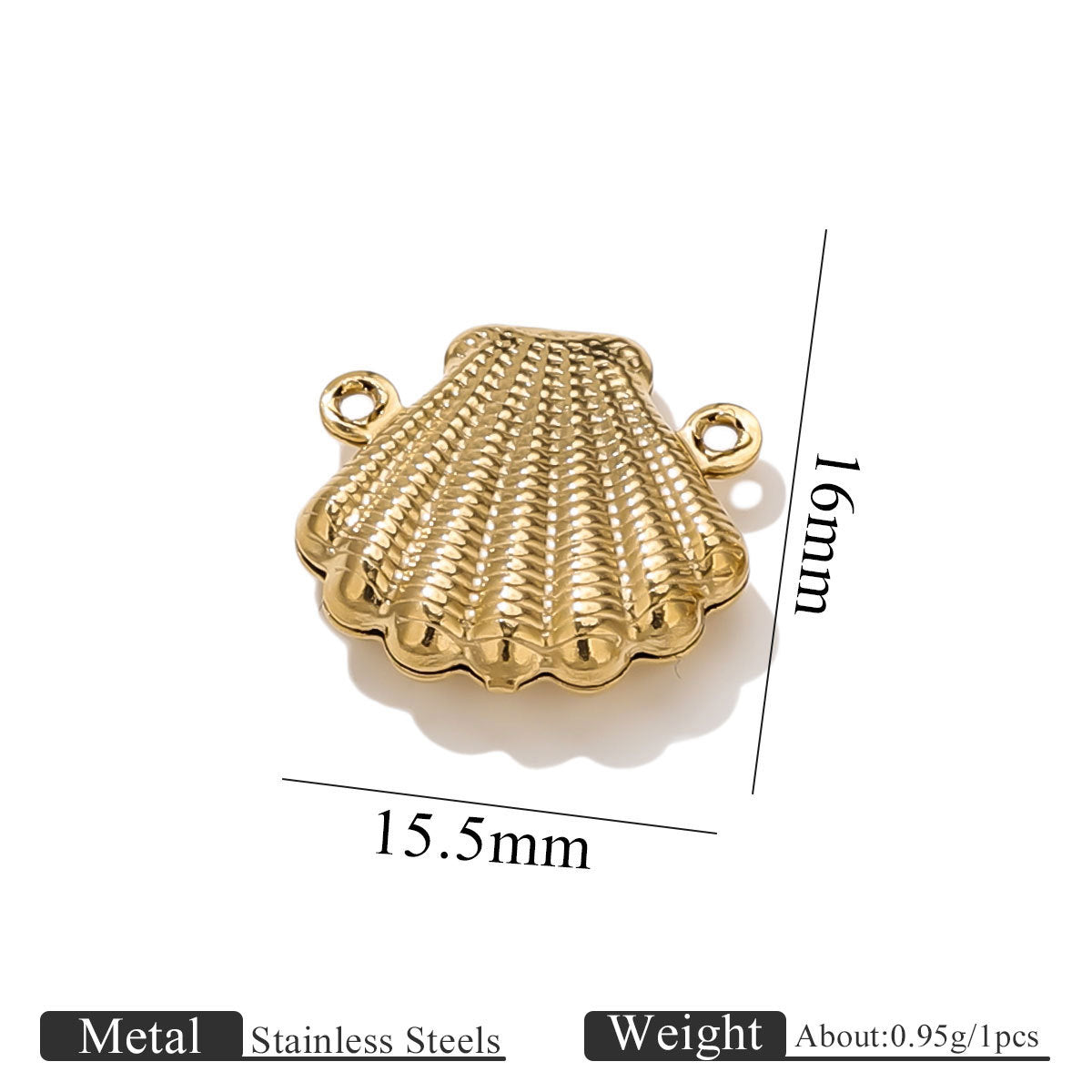 Gold-plated stainless steel double-hole hollow shell connector charm with size dimensions on white background