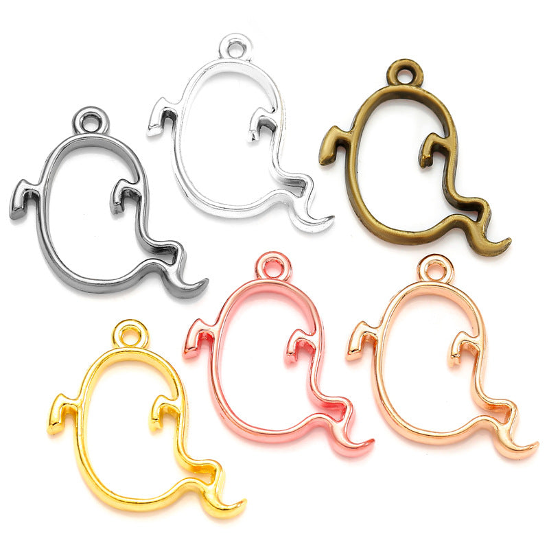 Six metal ghost-shaped charms in silver, antique gold, pink, rose gold and gold finishes on a white background