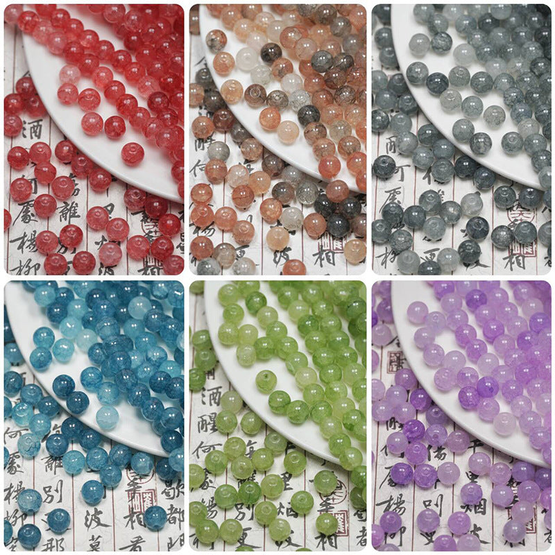 Six color swatches of loose round ice-crackle glass beads