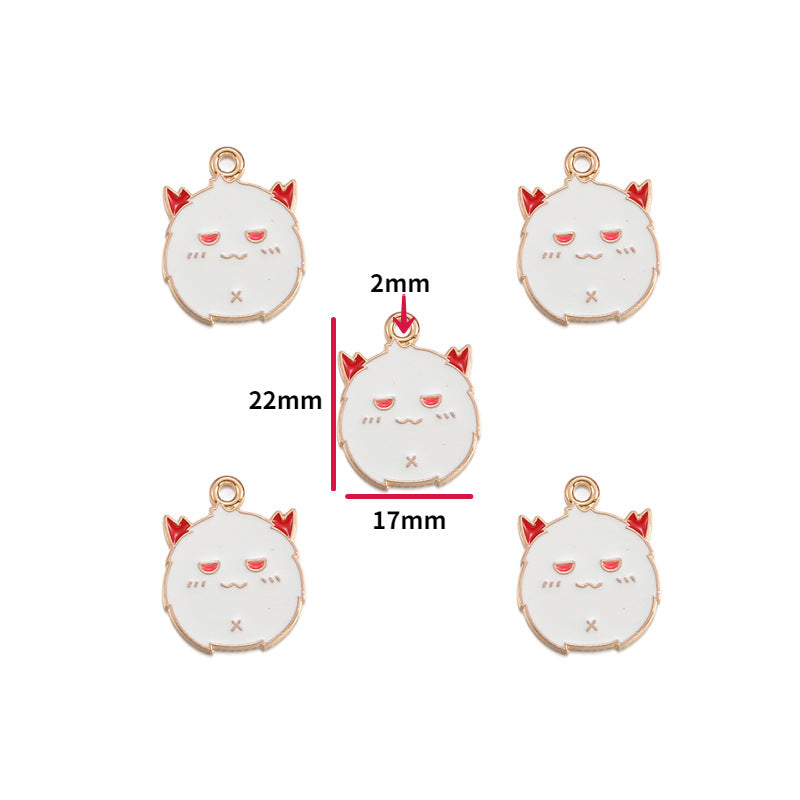 Five white cat-shaped jewelry charms with red ears and gold-tone edges, shown on a white background with red dimension labels indicating 22mm height, 17mm width, and 2mm top loop.