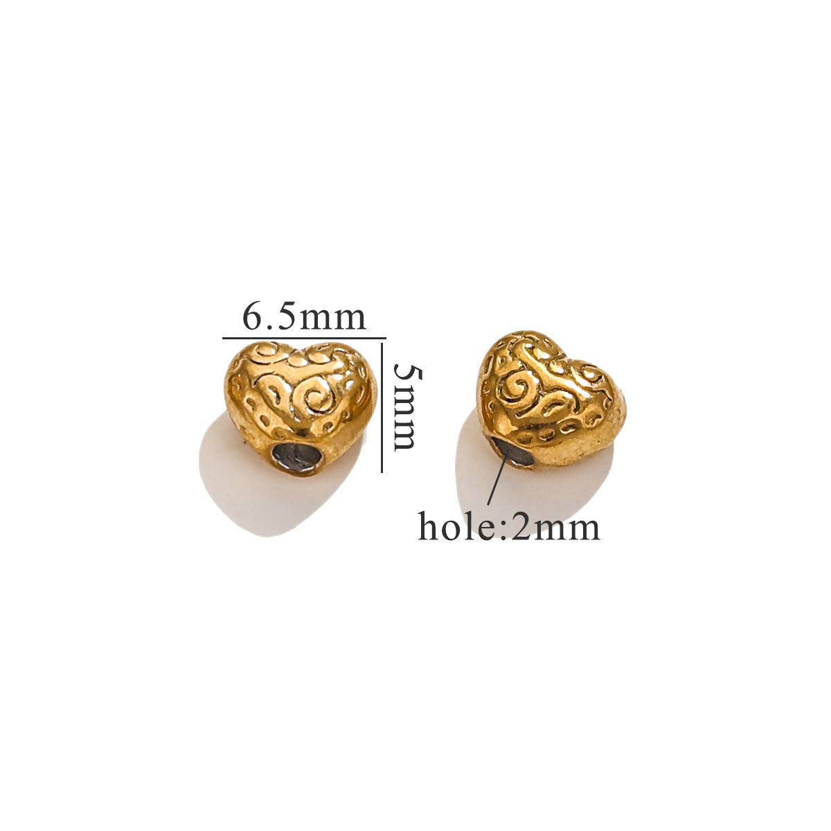 Gold-plated baroque irregular spacer beads with size measurements on white background