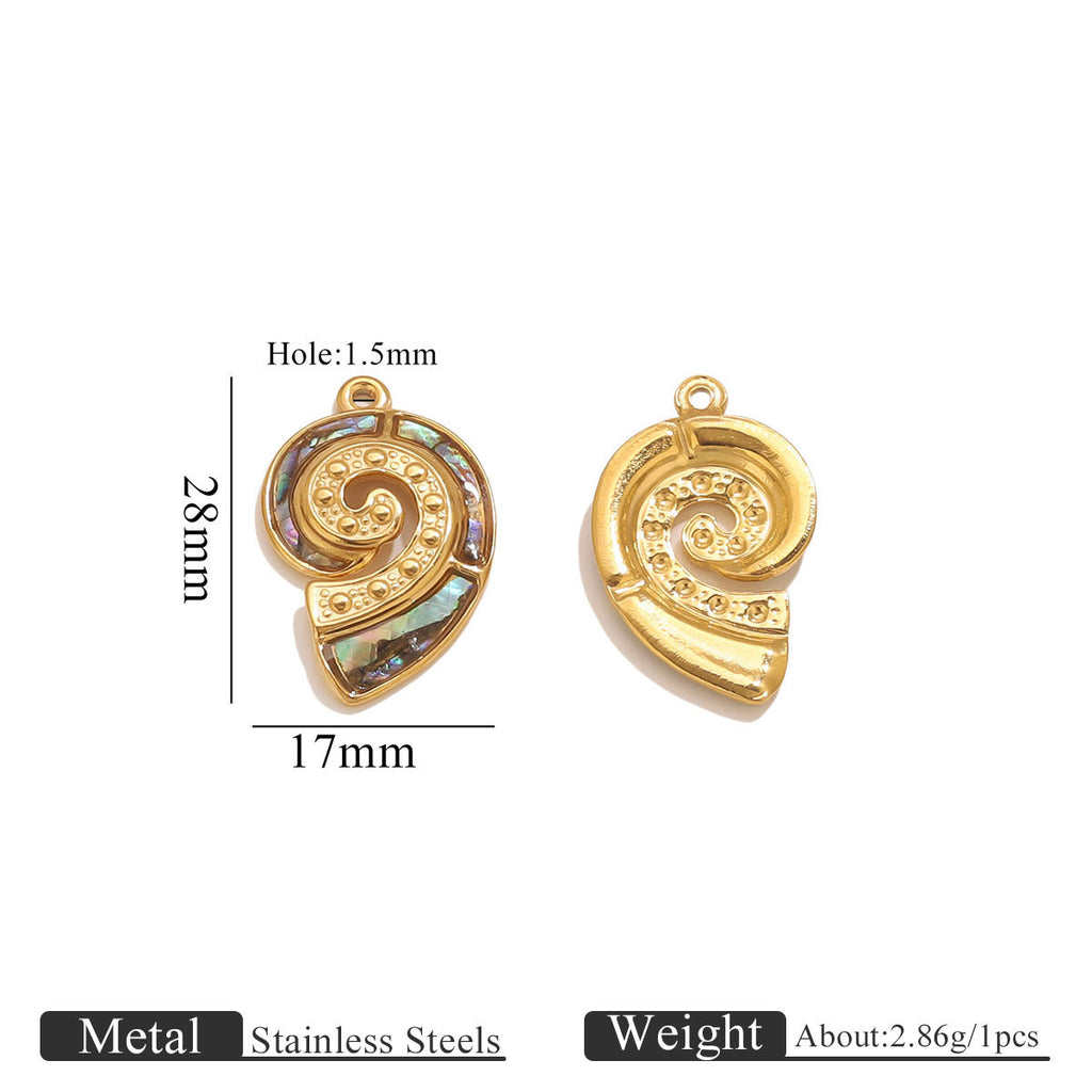 Gold spiral pendant with measurements on a white background