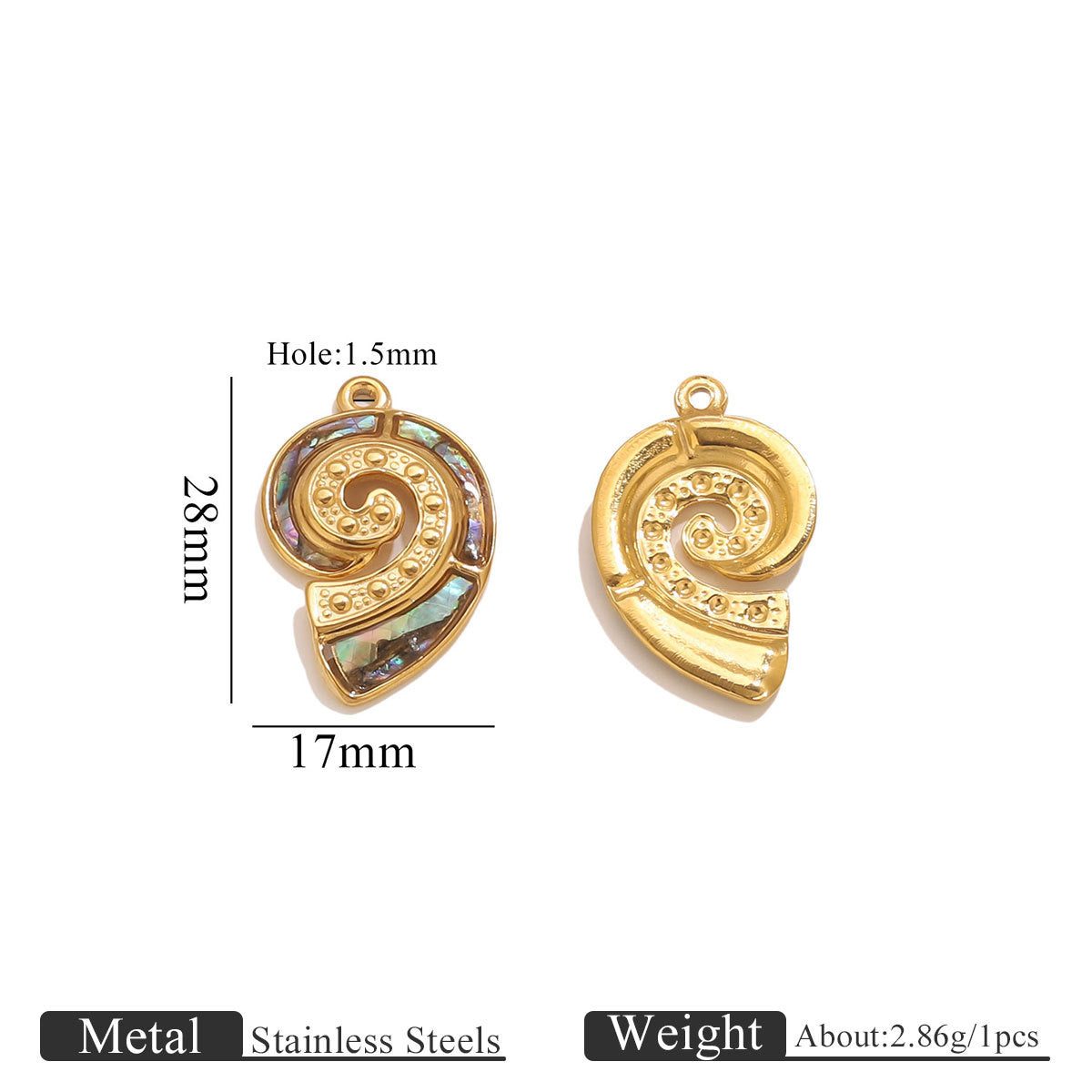 Gold spiral pendant with measurements on a white background
