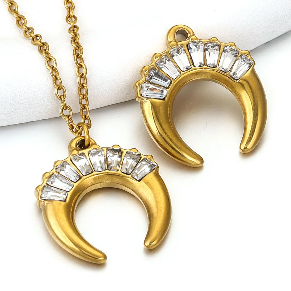 18K Gold-Plated Stainless Steel Zircon Crescent Moon Pendant 2pcs
