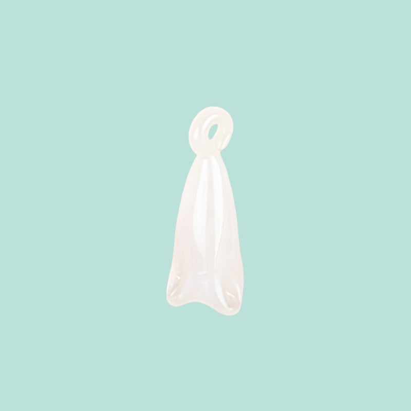 Single frosted white translucent magnolia flower glass pendant bead with loop on light mint green background