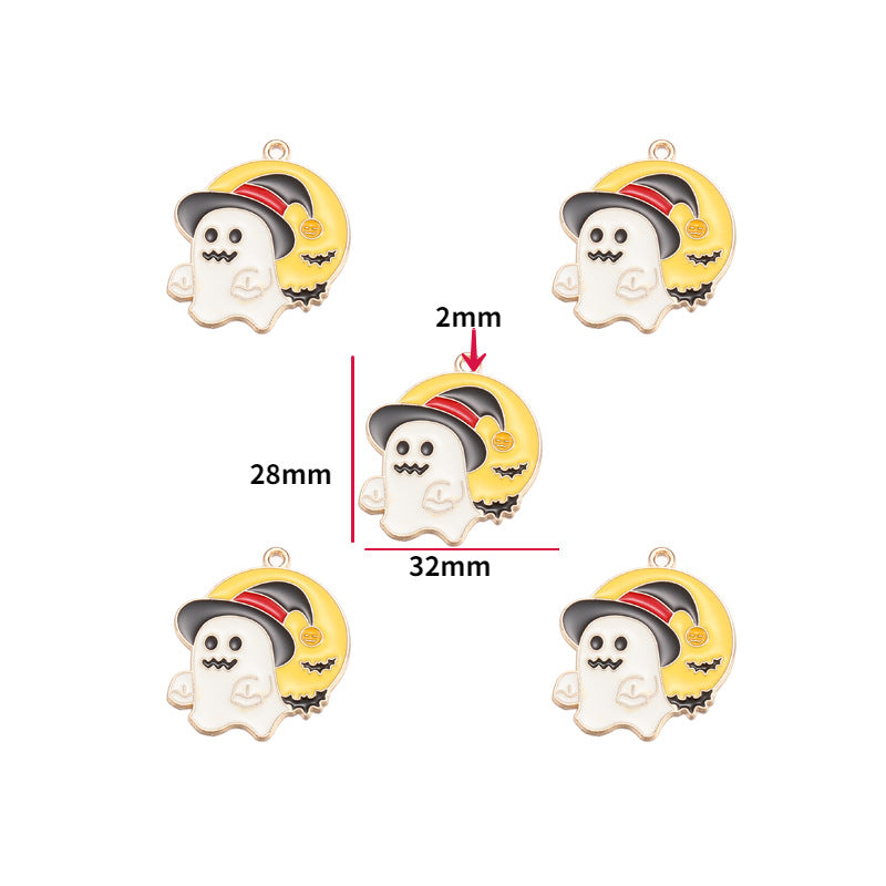 Five views of a white ghost charm in a yellow witch hat with bats, center view annotated 28mm by 32mm.