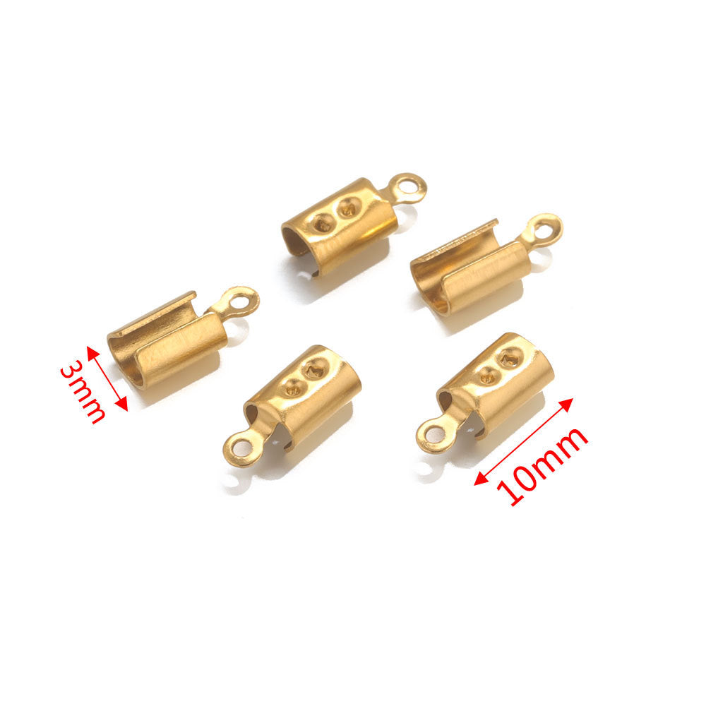 Five gold-tone barrel cord-end connectors with loop ends on white, annotated with 3mm and 10mm dimensions