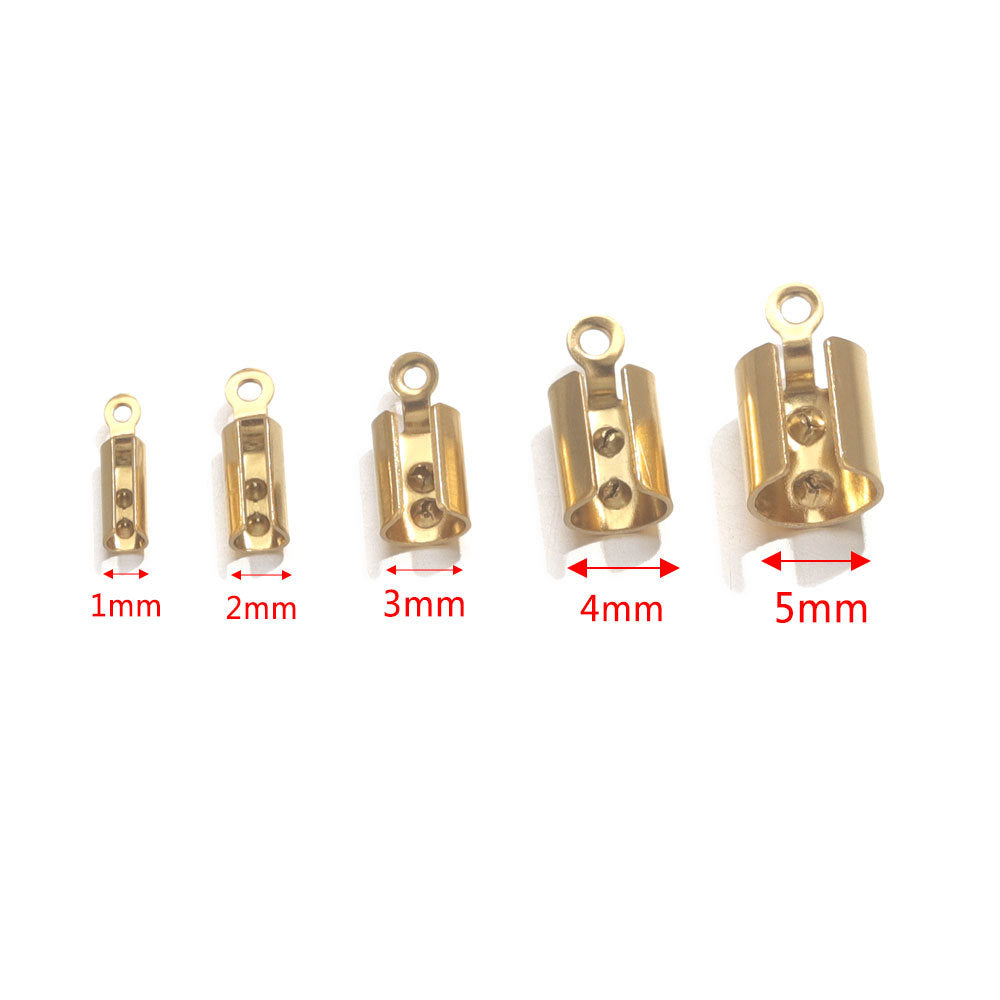 Five gold-tone barrel cord-end connectors in sizes 1mm to 5mm on white background with red dimension labels