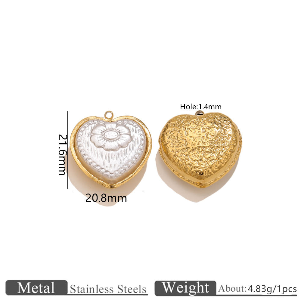 French Vintage Stainless Steel Framed Acrylic Floral Heart Pendant 5pcs