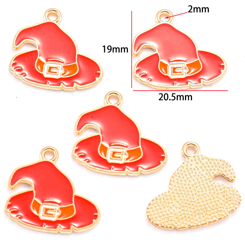 Five gold-tone witch hat charms with red enamel, 19mm by 20.5mm