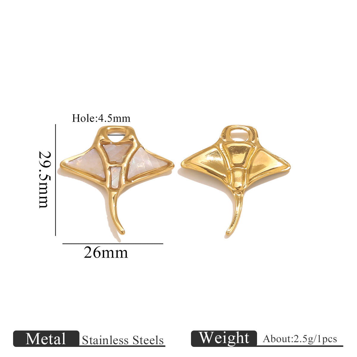 Gold manta ray pendant charms with shell inlay and size markings