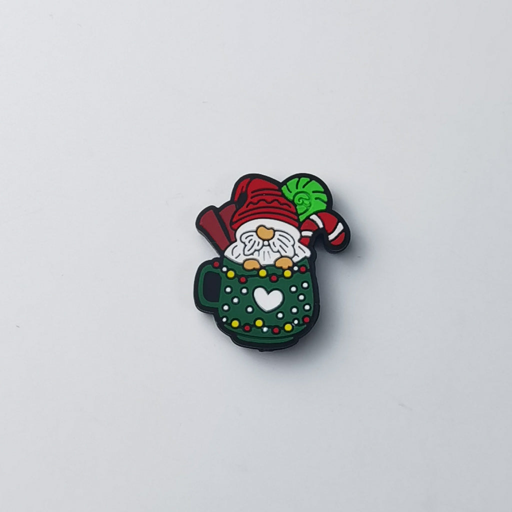Santa gnome silicone focal bead in green mug with white heart and colorful dots, red hat and candy cane