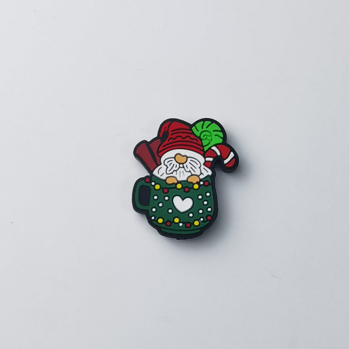 Santa gnome silicone focal bead in green mug with white heart and colorful dots, red hat and candy cane