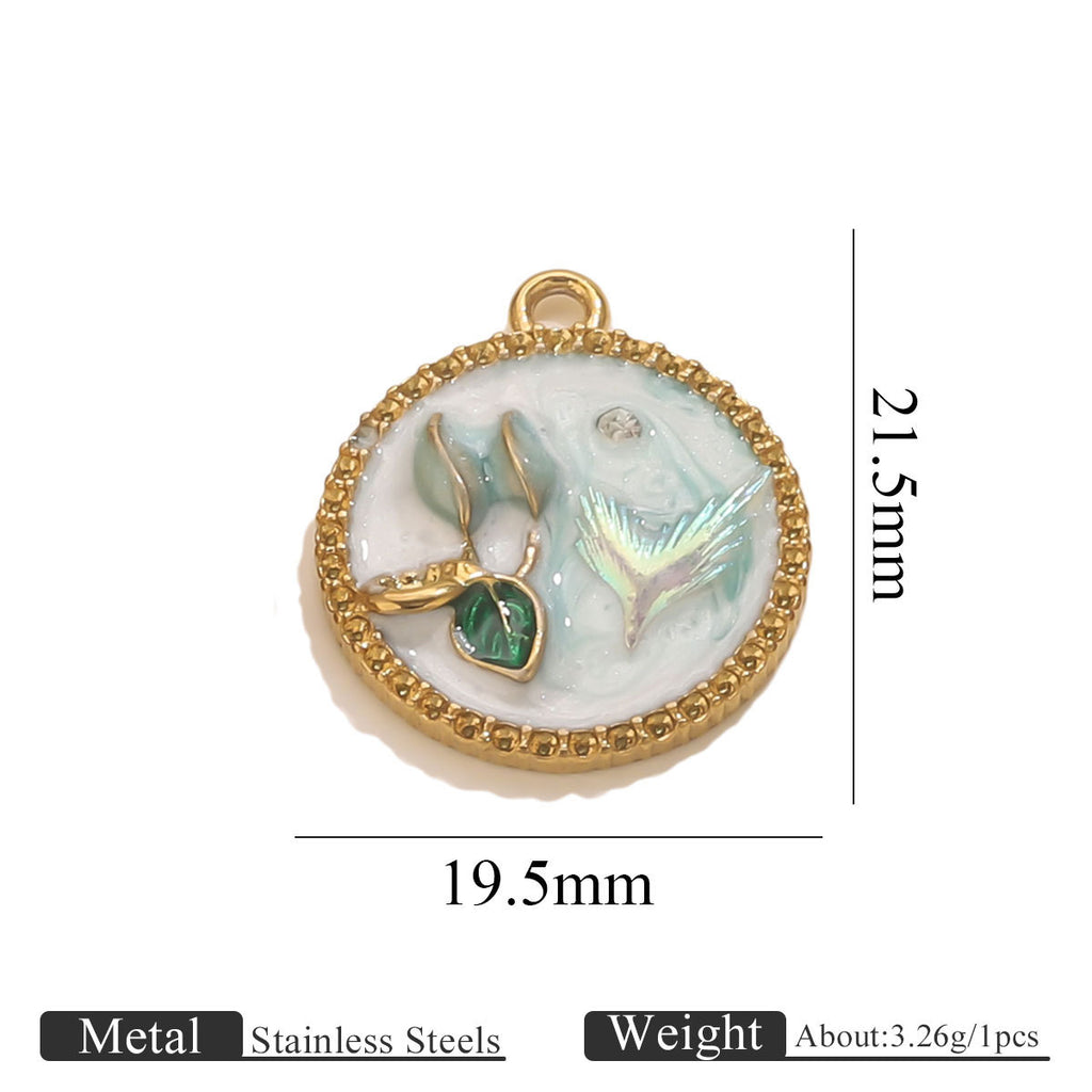 Stainless Steel Enamel Floral Faux Pearl Pendant Charm