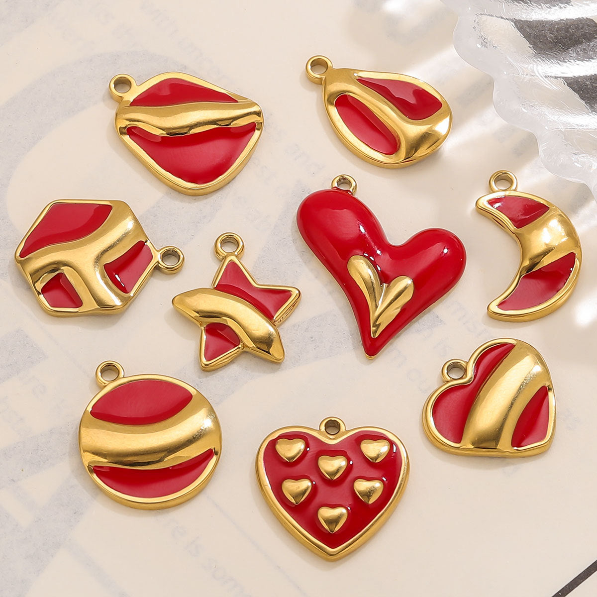 Stainless Steel Irregular Red Enamel Heart Pendant Charm