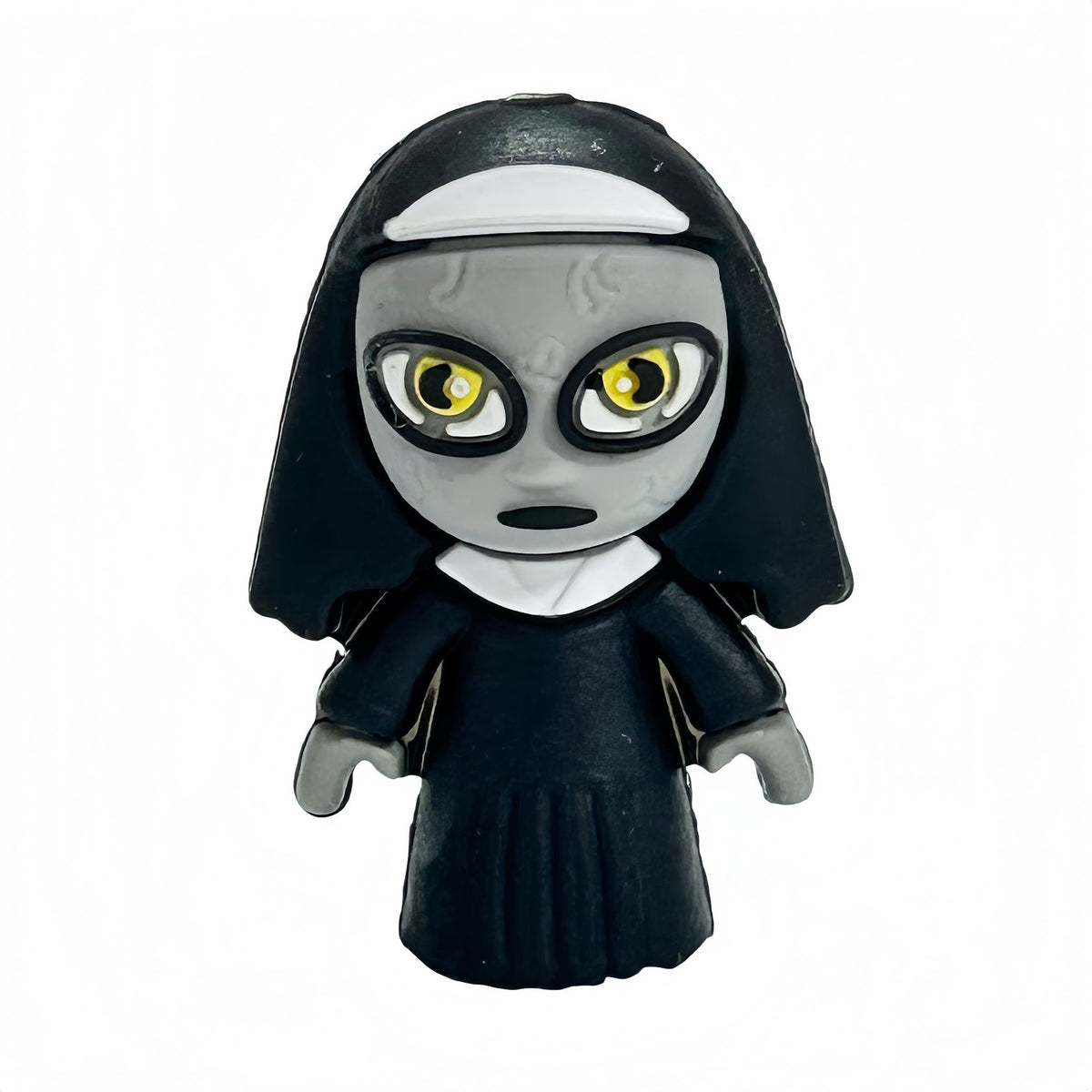 Cartoon ghost nun silicone focal bead with yellow eyes and black hood