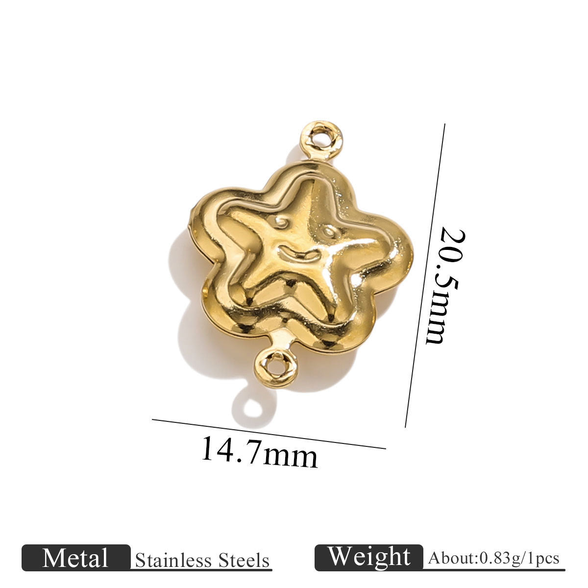 Gold-plated stainless steel double-hole hollow smiley face star connector charm with size dimensions on white background