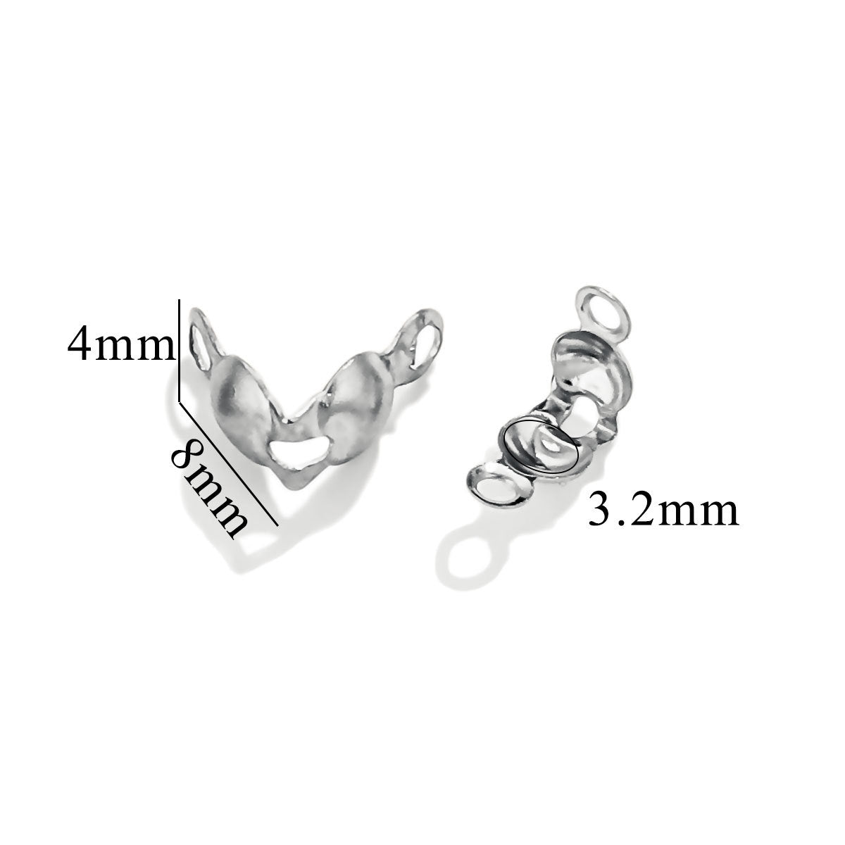 Two silver ball chain connector clasps on white background with dimension labels showing 4mm, 8mm, 3.2mm