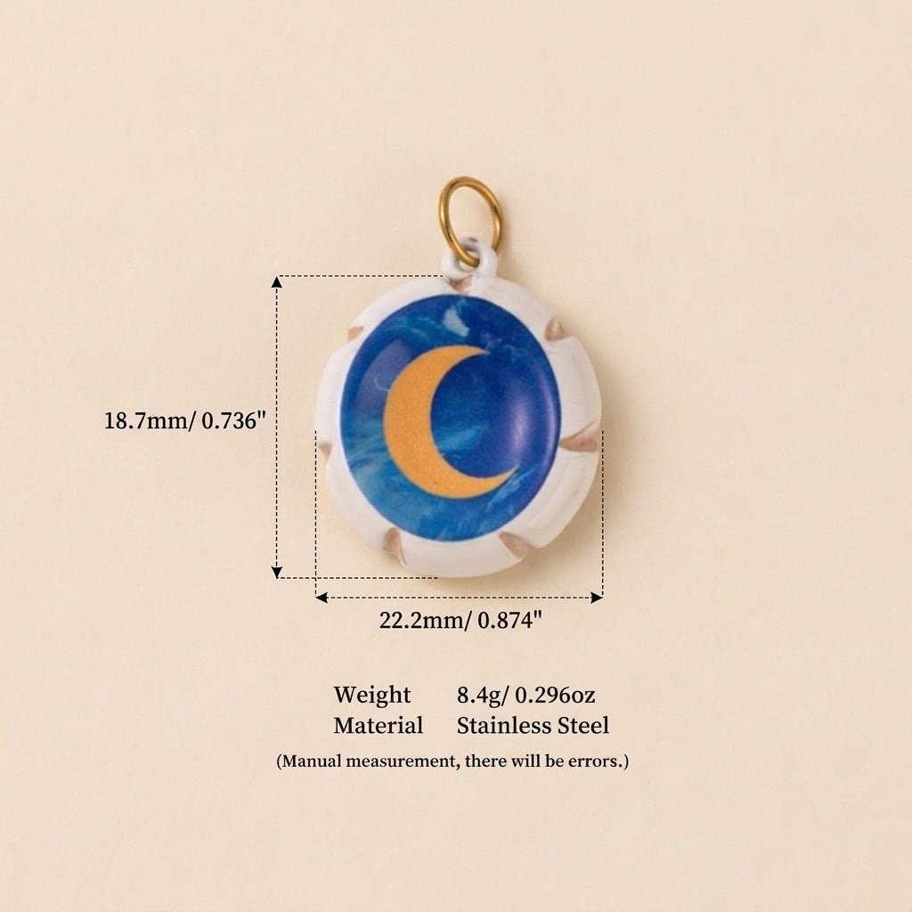 Round blue and white pendant charm with orange crescent moon, shown with size measurements.