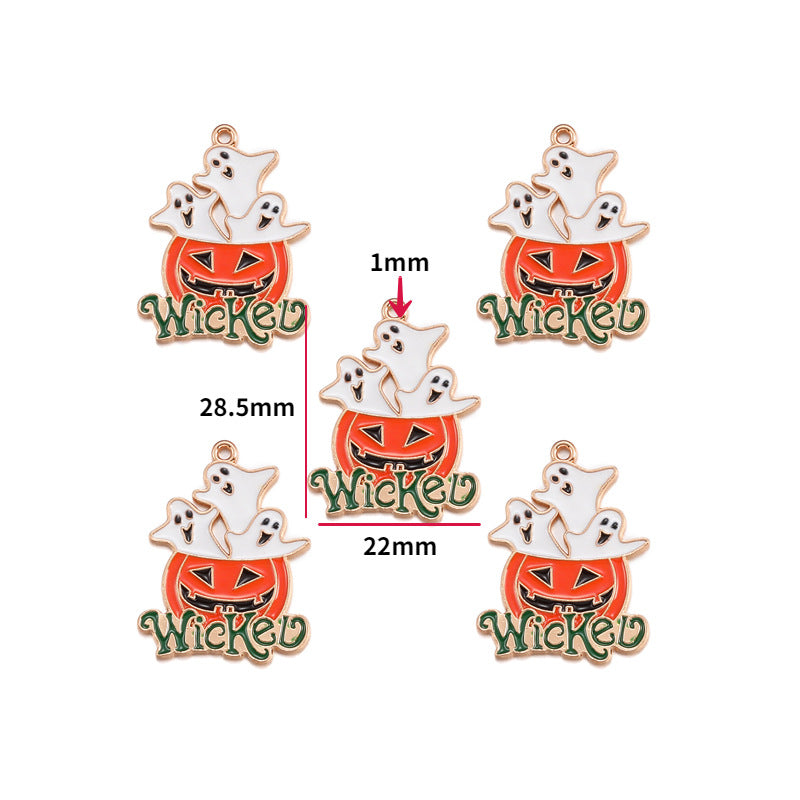 Five jack-o'-lantern charms with three white ghosts and Wicked lettering on white background