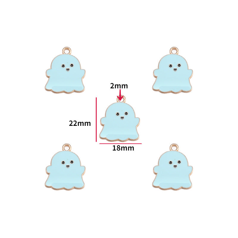 Five light blue ghost-shaped charms with rose gold edges and loops, shown on a white background with one central charm annotated with dimensions 22mm by 18mm and a 2mm arrow.