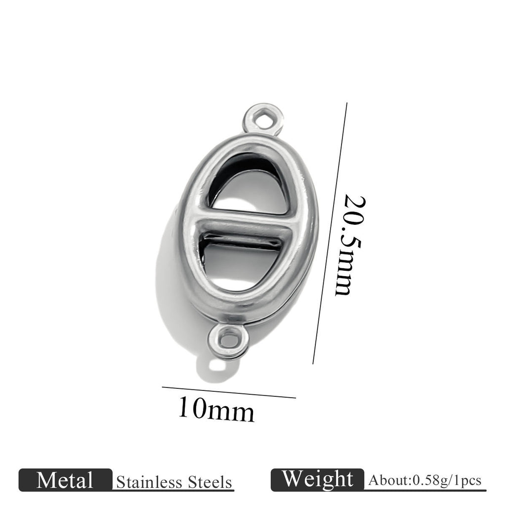 Stainless steel double-hole hollow small Japanese buckle connector charm with size dimensions on white background