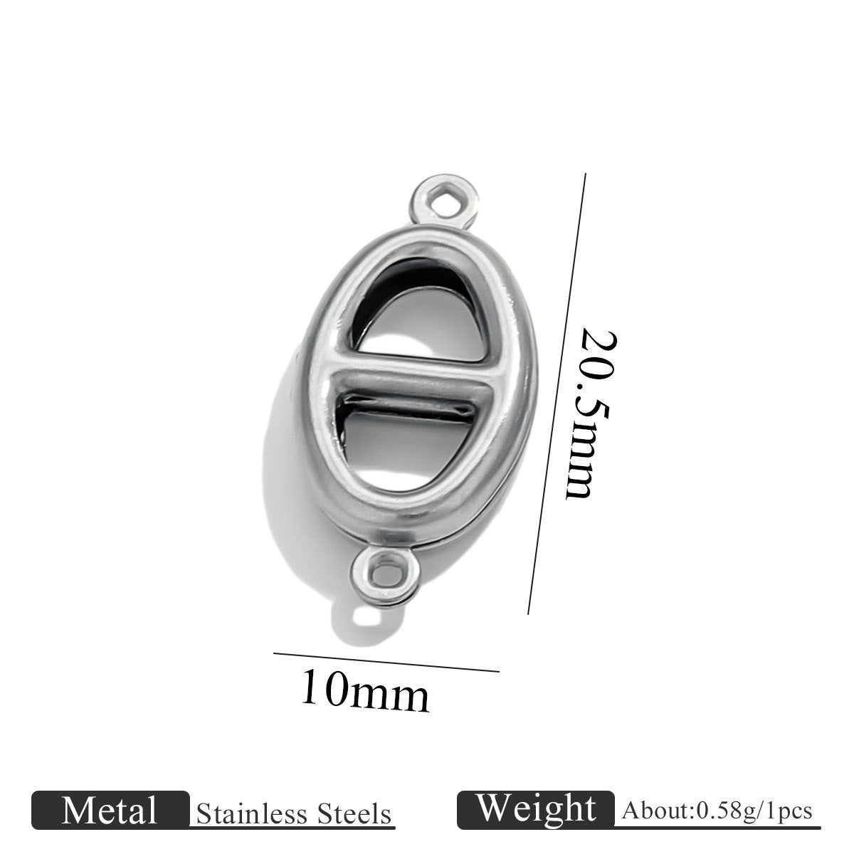 Stainless steel double-hole hollow small Japanese buckle connector charm with size dimensions on white background