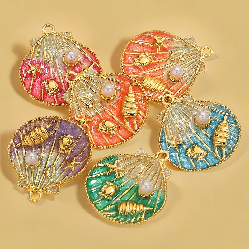 Vacuum-Plated Stainless Steel Gradient Enamel Seashell Pendant