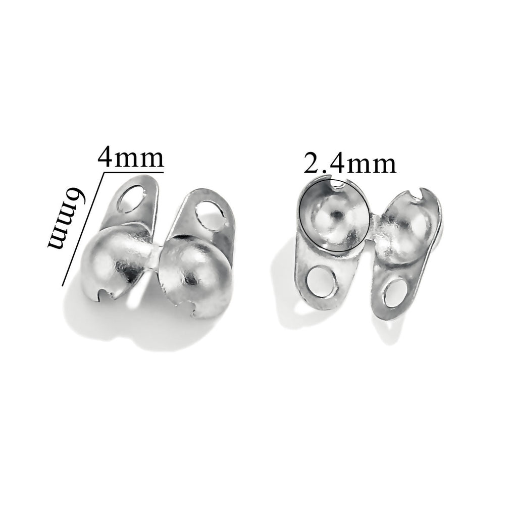 Two silver ball chain connector clasps on white background, one labeled 4mm and 6mm, other labeled 2.4mm