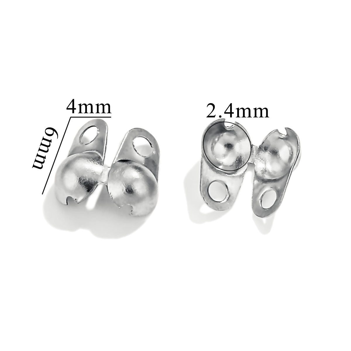 Two silver ball chain connector clasps on white background, one labeled 4mm and 6mm, other labeled 2.4mm