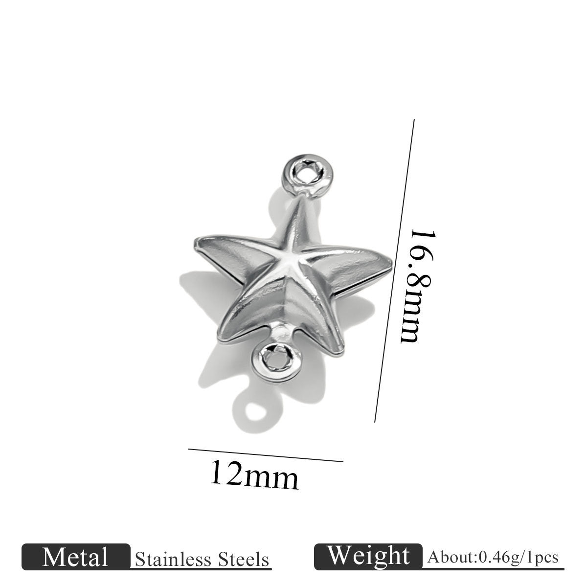 Stainless steel double-hole hollow small pentagram connector charm with size dimensions on white background