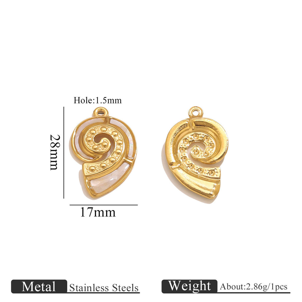 Gold spiral pendant with measurements on a white background