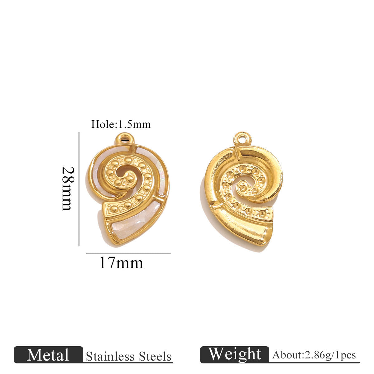 Gold spiral pendant with measurements on a white background