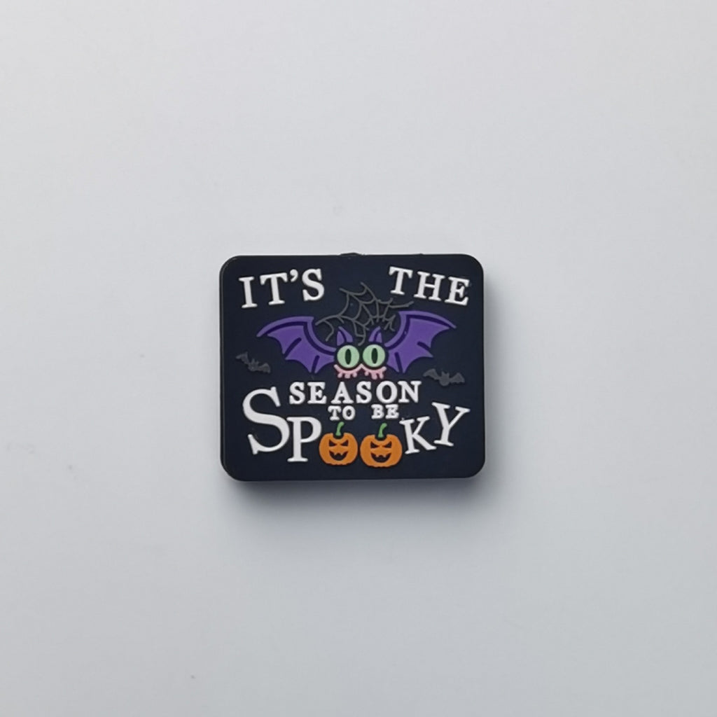 Square black bead with It Is the Season to Be Spooky text and bat